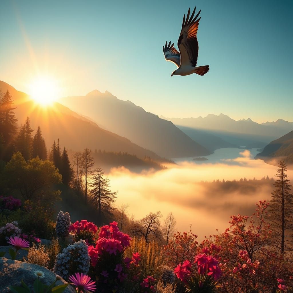 A glorious spring morning with sunrise in the mountains rising on the sides with a mist covered river ...  by @Lady Sphene