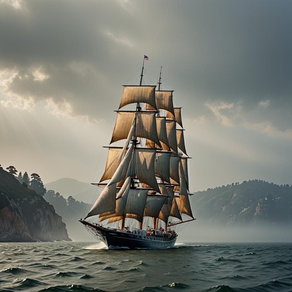 Clipper sailing in bay