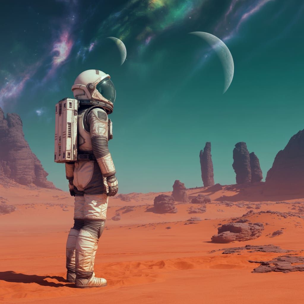 A robotic half human astronaut, clad in a weathered, retro-futuristic spacesuit, stands on the surface of a desolate, alien planet. The sky ...