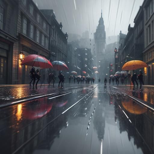 capture the umbrellas, the rain jackets, the puddles, and th...
