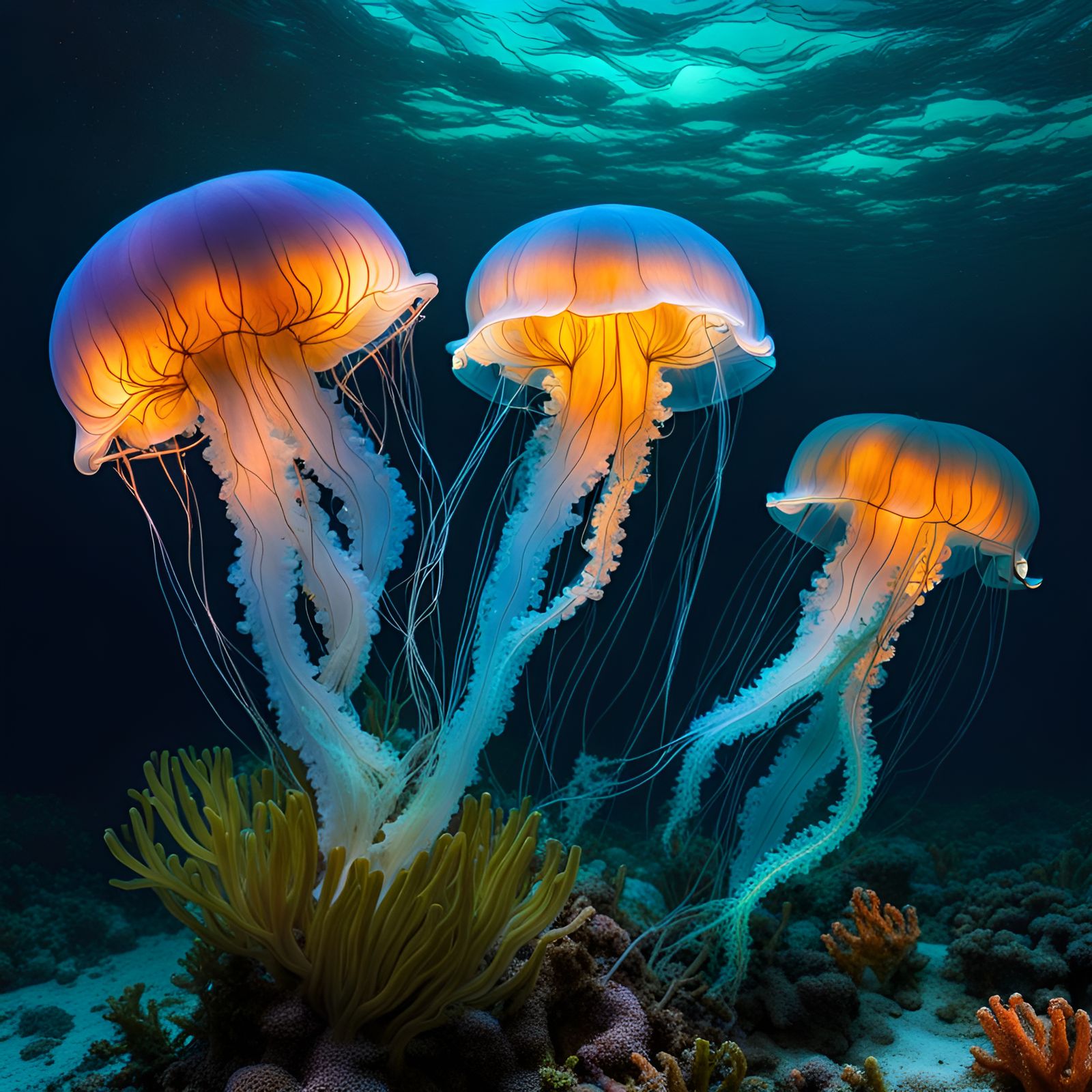 Bioluminescent Jellyfish Floating Through Illuminated Seaweed & Coral!  by @Inner Peace