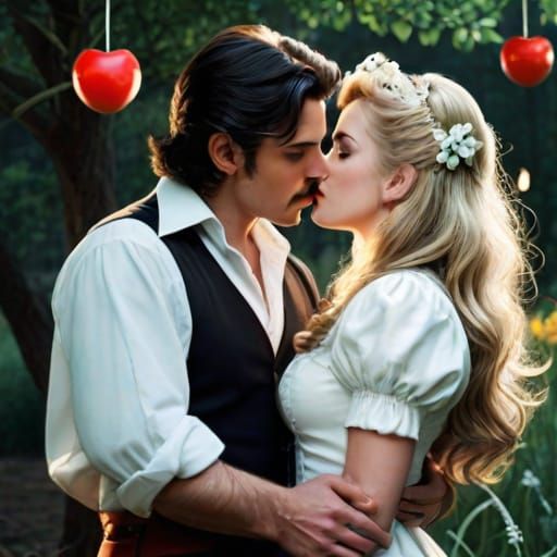 Extremely rare pairing Mario x Tippi/lady timpani from 2007 Super paper Mario wii role playing video game and they are standing on a lush grassland field kissing under tree in the exact same ending scene from the original game