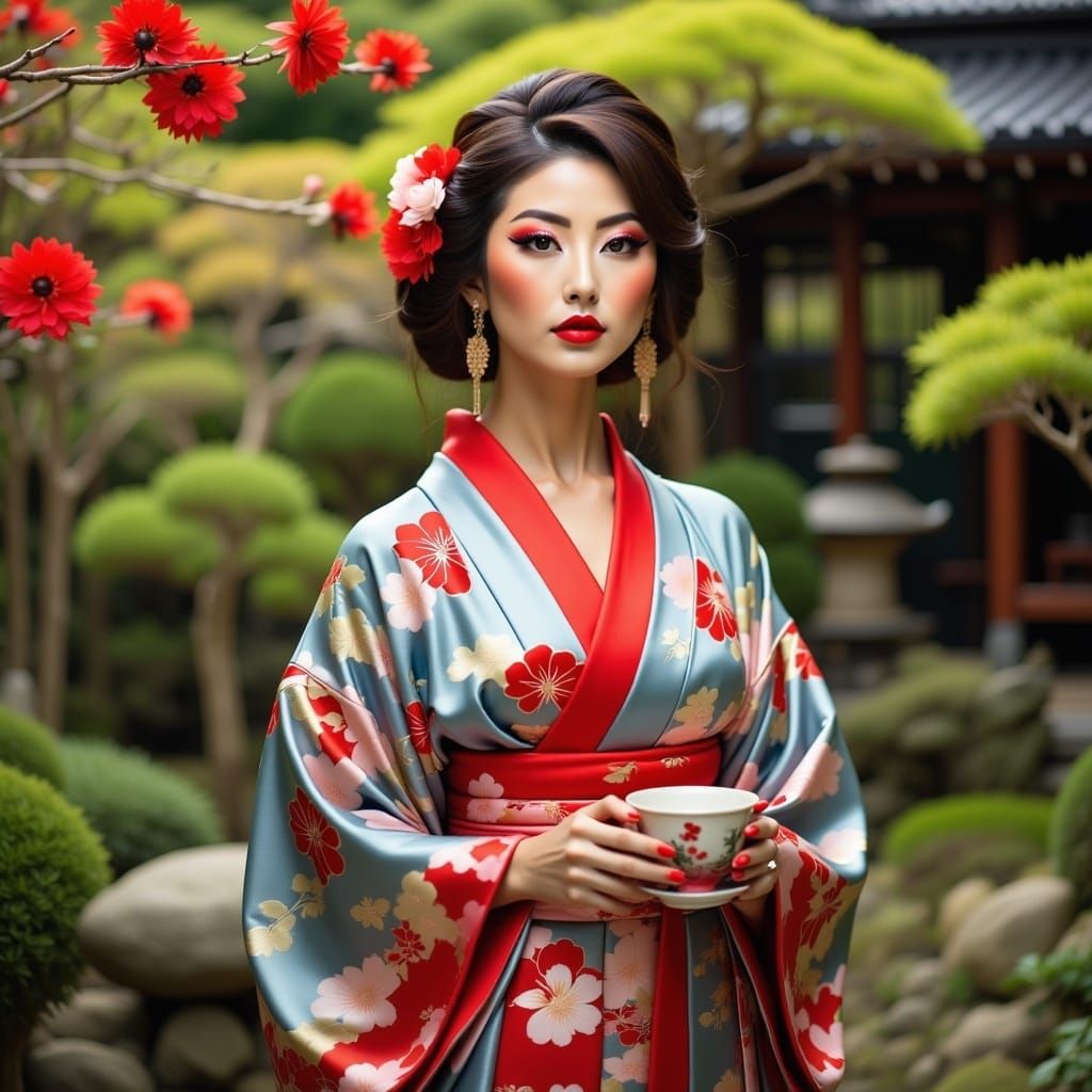 <lora:Geisha kimono Flux:1.0> full length portrait of a beautiful Japanese woman dressed in traditional clothing, kimonos., make up, red lip...