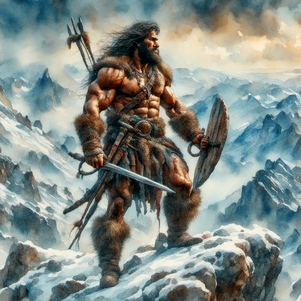 <lora:Barbarian Hero Style:1.0> the watercolor painting  of an the Barbarian  walley in mountain, winter snow , windy day , frayed,  in the...