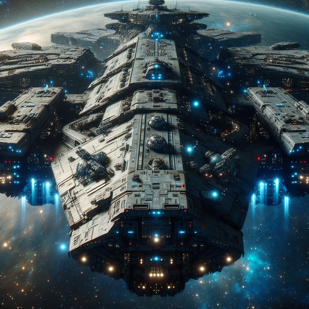A massive capital spaceship looms in deep space, bristling with weaponry. Its armored hull is lined with laser turrets, missile bays, and en...