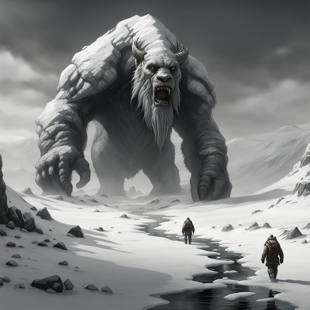 Footprints of a colossal creature left in the tundra, black ...