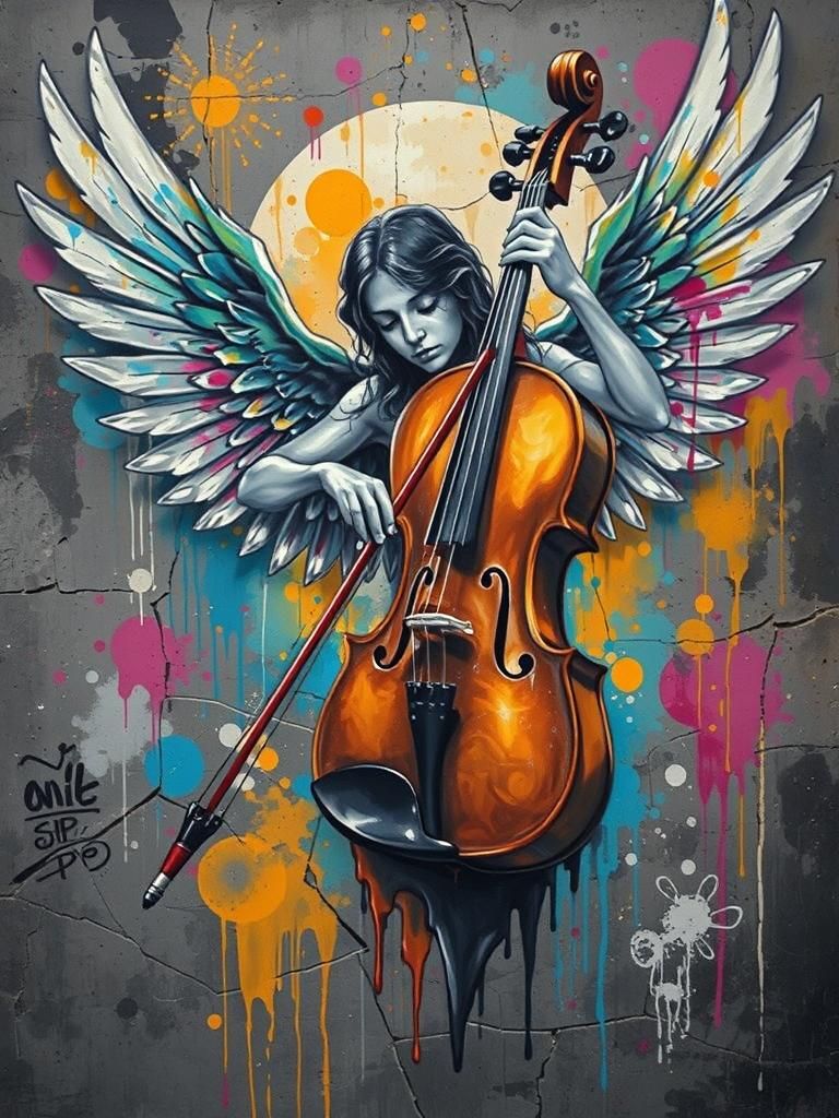 holy violin with wings , graffiti art on cracked wall ; splash art, street art, spray paint, oil gouache ...  by @Didier B