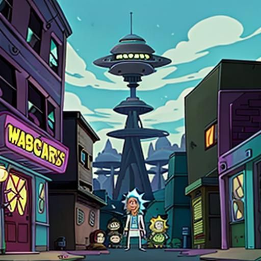 Rick and Morty land the spaceship precariously in the back a...