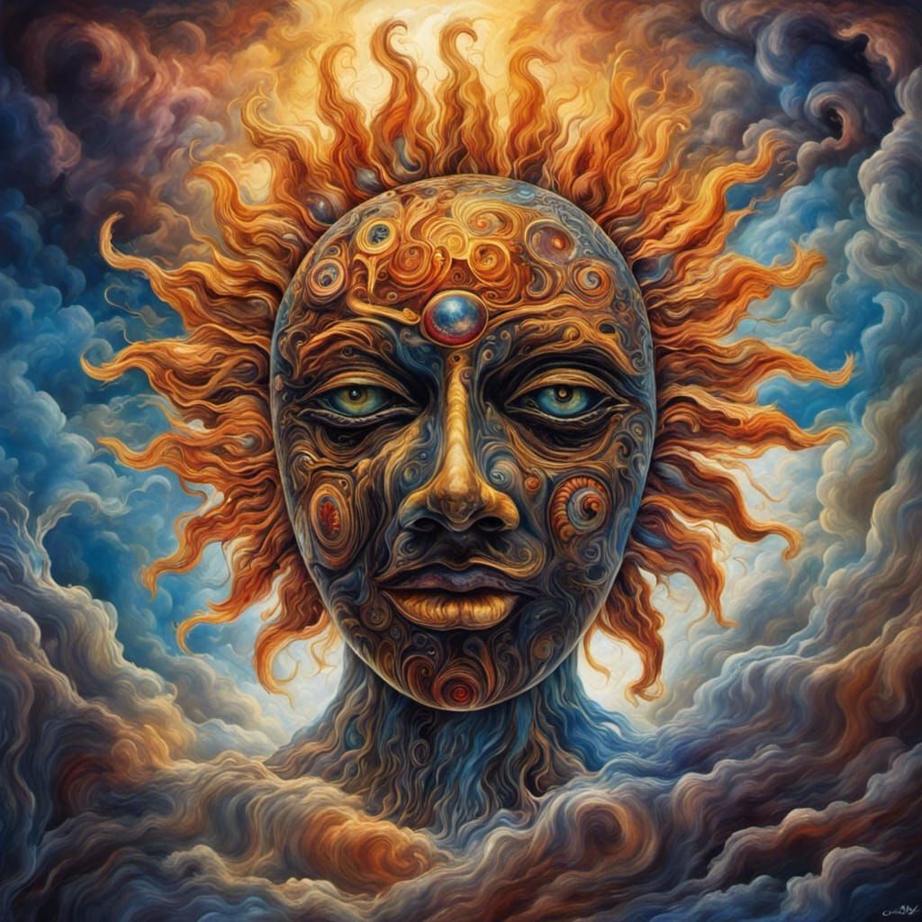 psychedelic sun with eyes, mouth, nose, swirling stormy clouds ...