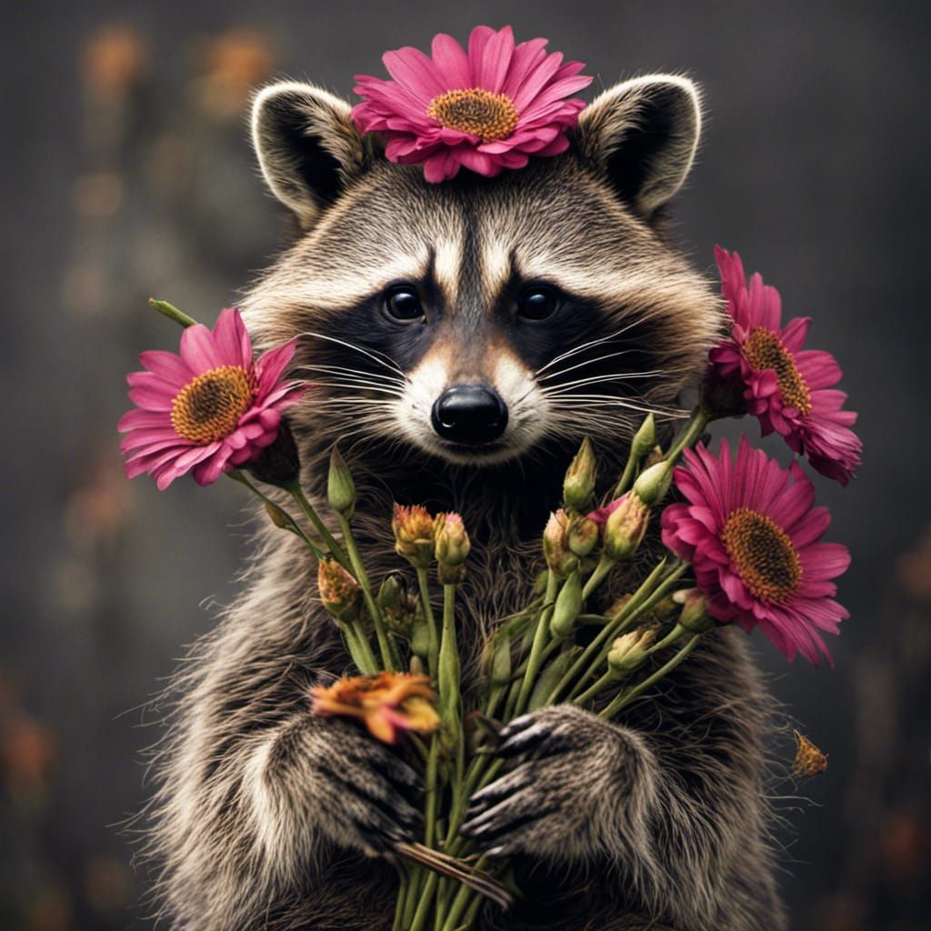 raccoon holding flowers intricate details, HDR, beautifully shot ...