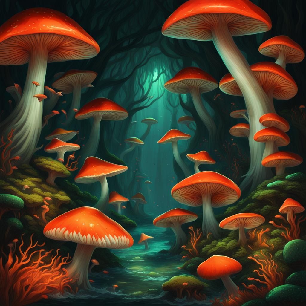 with flowing red tails swim in a dark ocean full of glowing ...