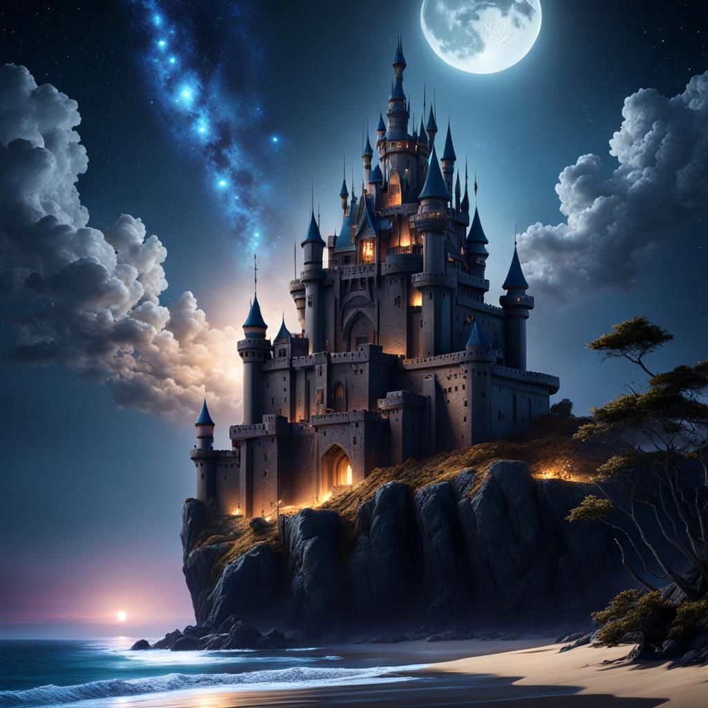 Fantasy castle on clifftop overlooking ocean and beach at night time ...