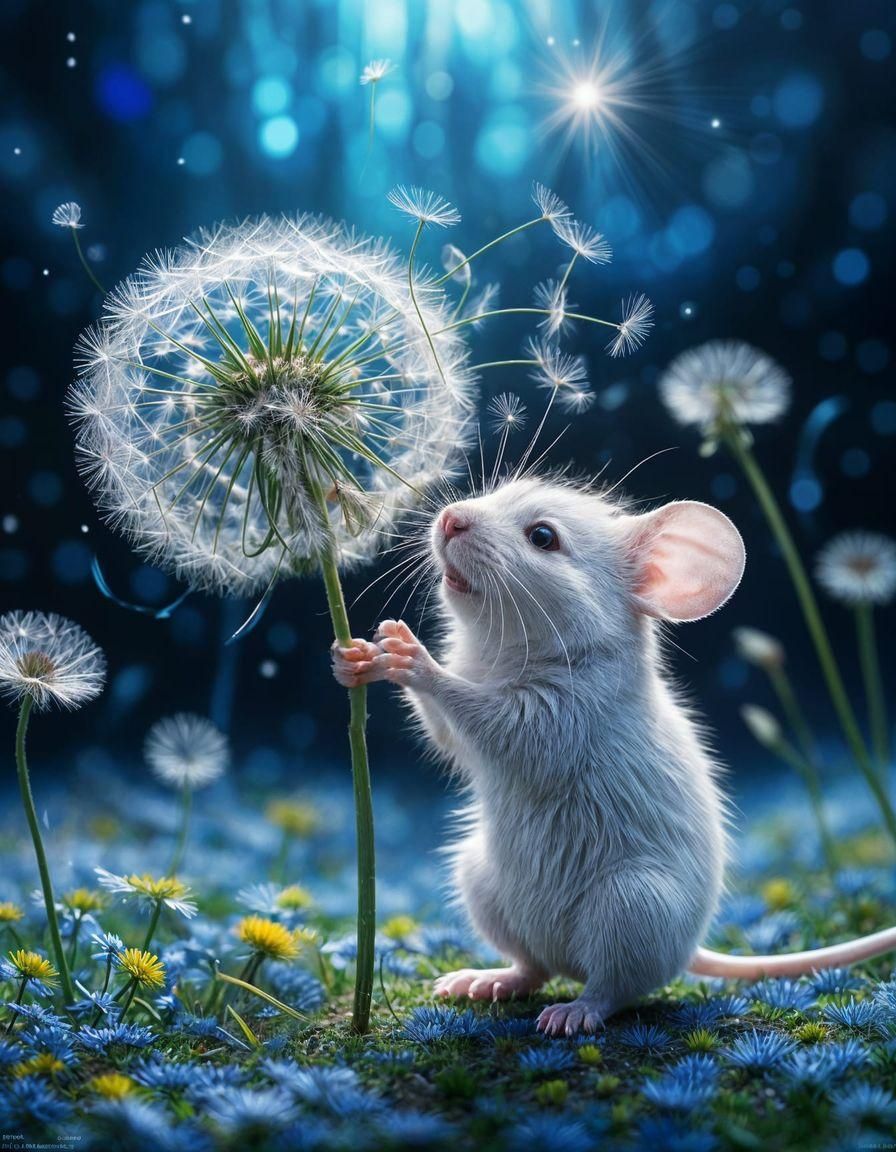  little mouse is holding in hands the large dandelion