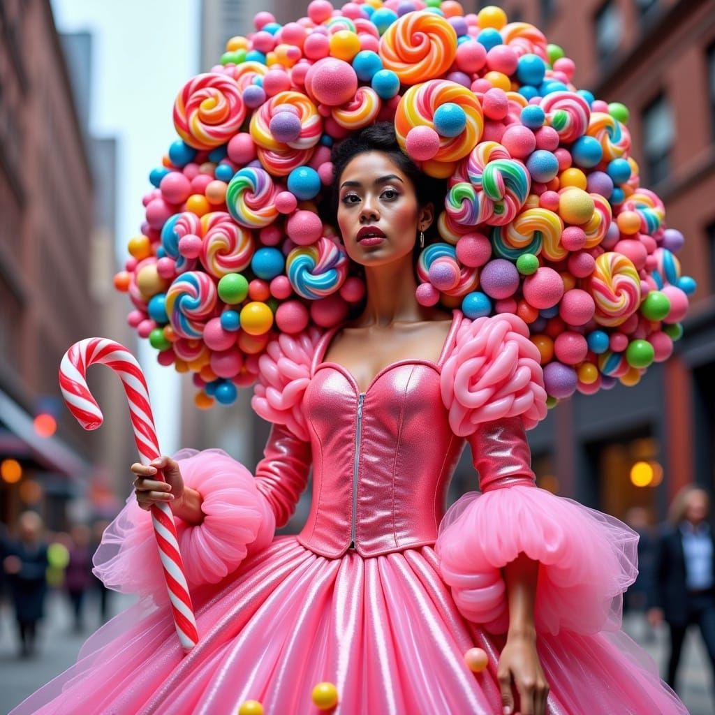 <lora:Candylike:1.0>A beautiful woman with big blue eyes has her hair made entirely of clustered and tight colorful candy, she is wearing an...