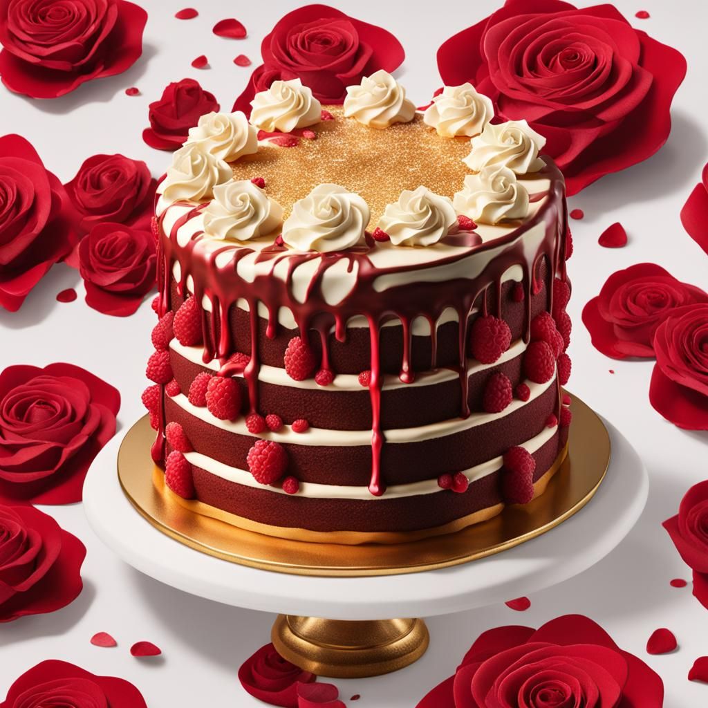Hyperrealistic Raspberry Cake with Roses, Splash Art