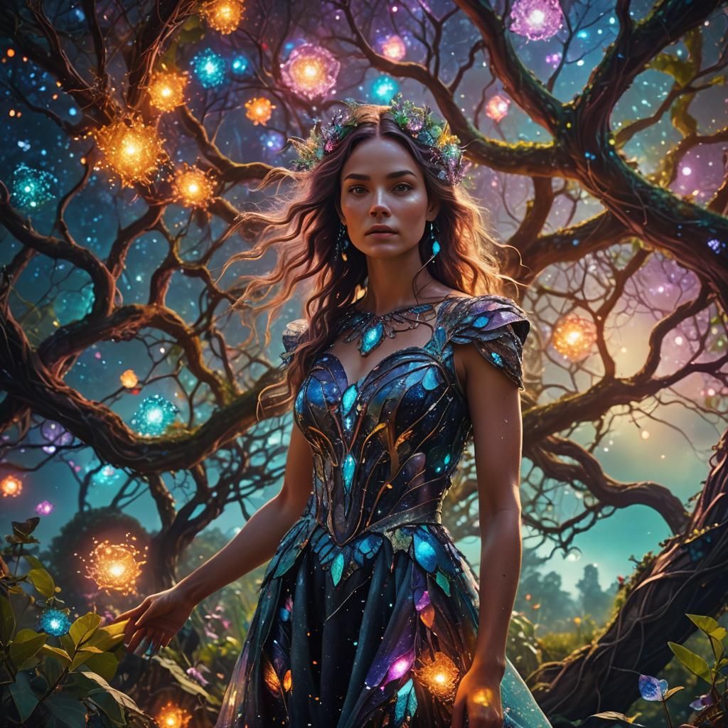 Galaxy Girl in Magical Garden: Surreal Fantasy Art