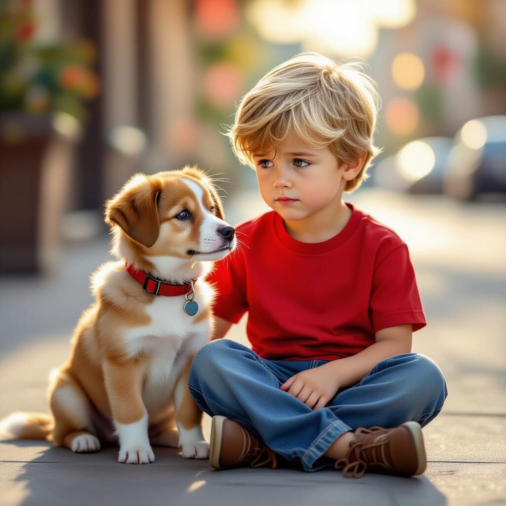 Sad Boy Comforted by Dog on Sidewalk