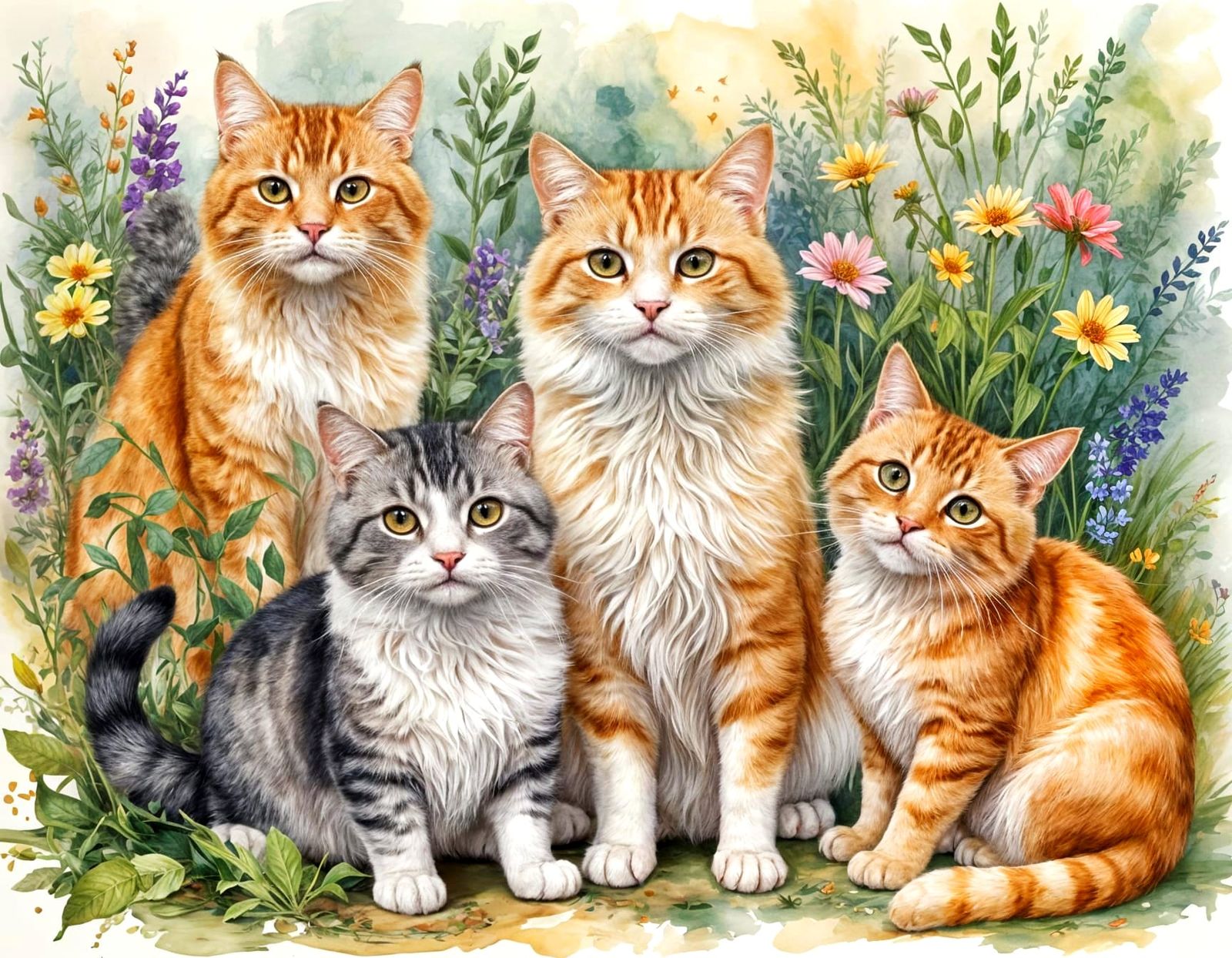 A whimsical, vibrant illustration of multiple cats, varying in breed, size, and color, gathered together ...  by @Quebra