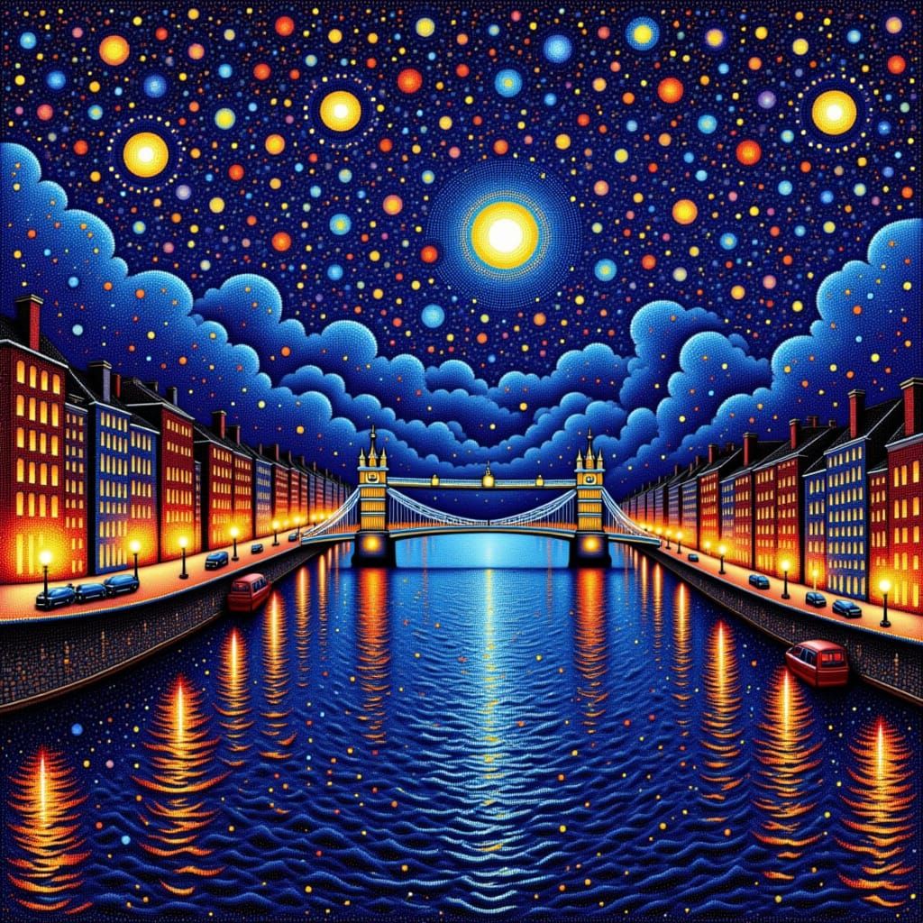 <lora:Pointillism 1-01:1.0> Pointillism painting of river Thames in London at night