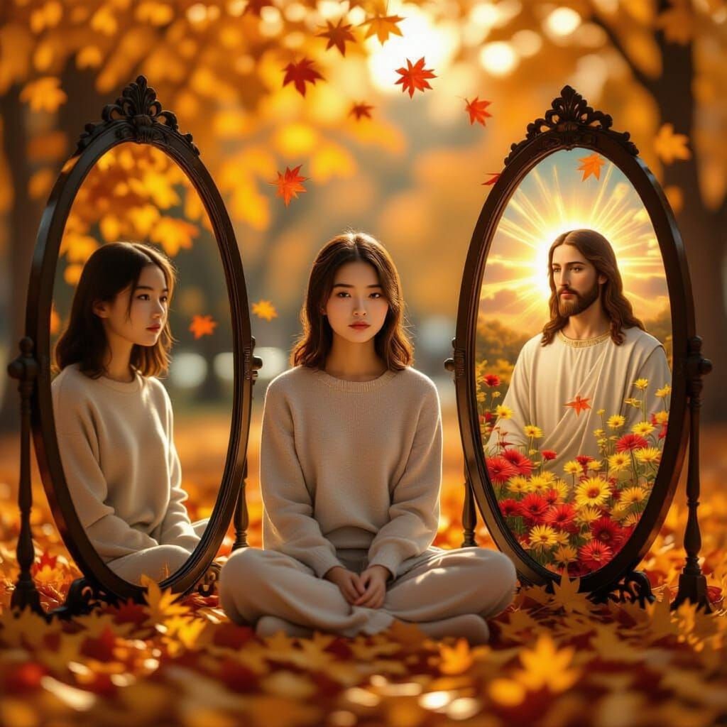 A surreal triple portrait of an Asian teenager sitting in front of two mirrors, surrounded by soft golden light and falling leaves. The real...
