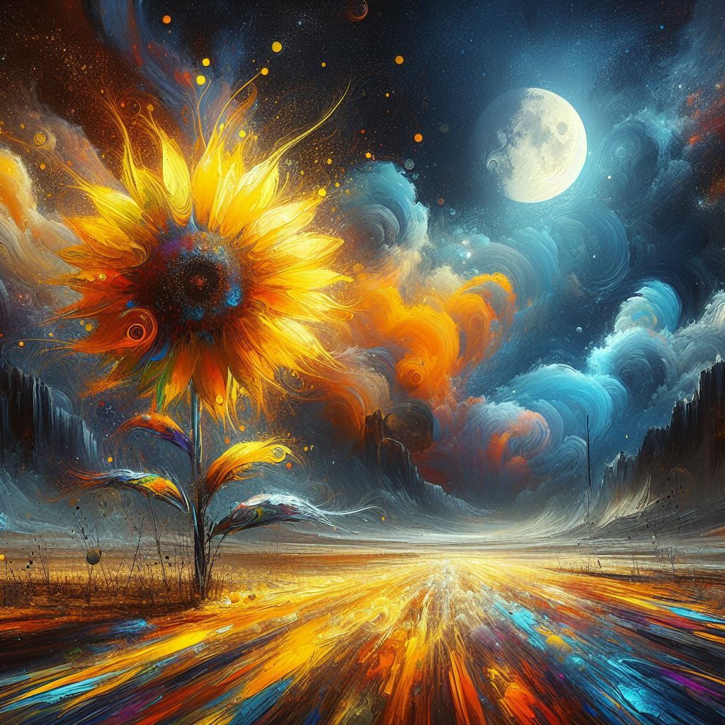 A sunflower, the only bright seeing in the dark