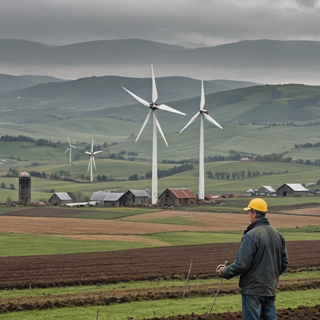 Windmill farmer planting a turbine in his hand. There are bi...