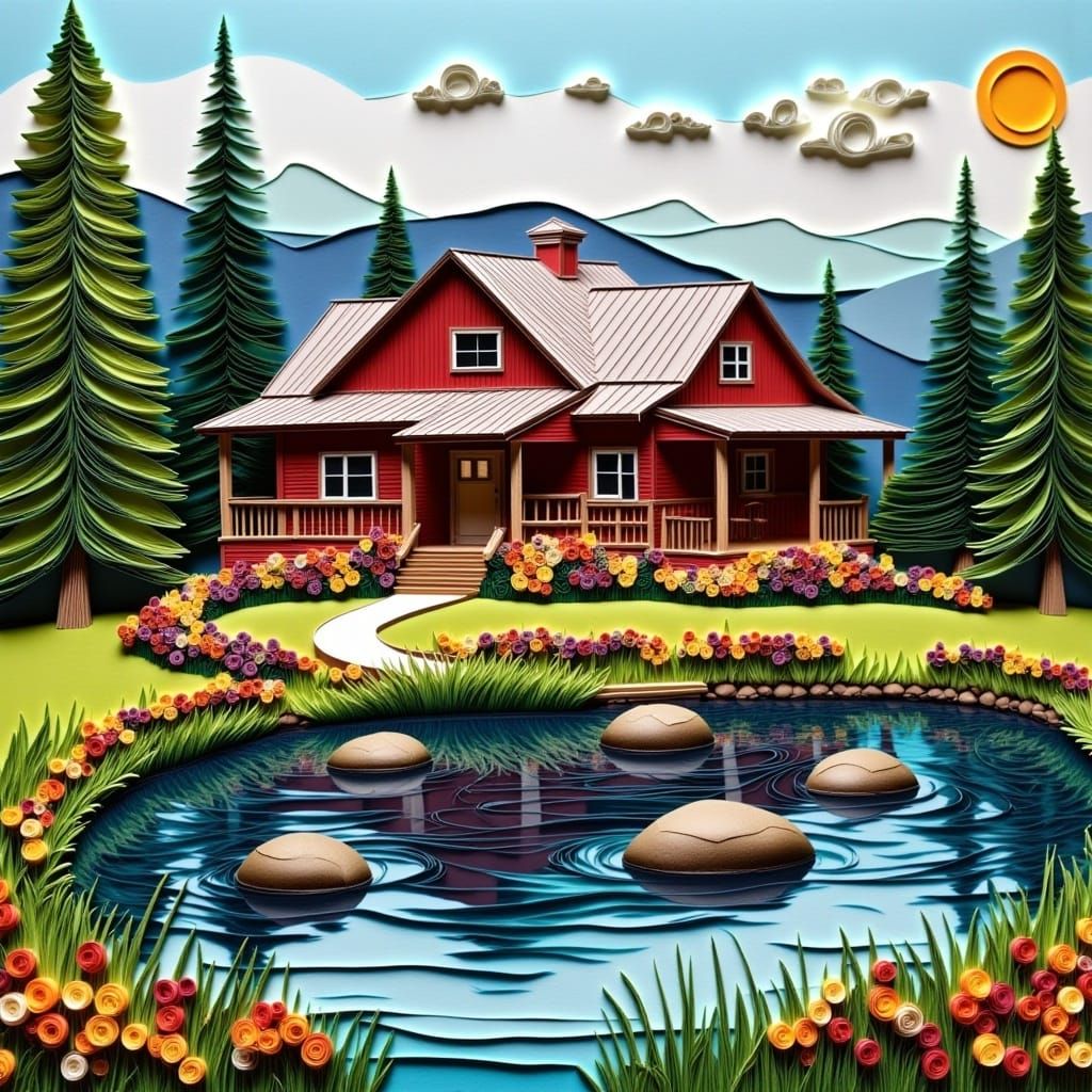 <lora:Quilling Flux:1.0> A picturesque cabin next to a pond, quilling