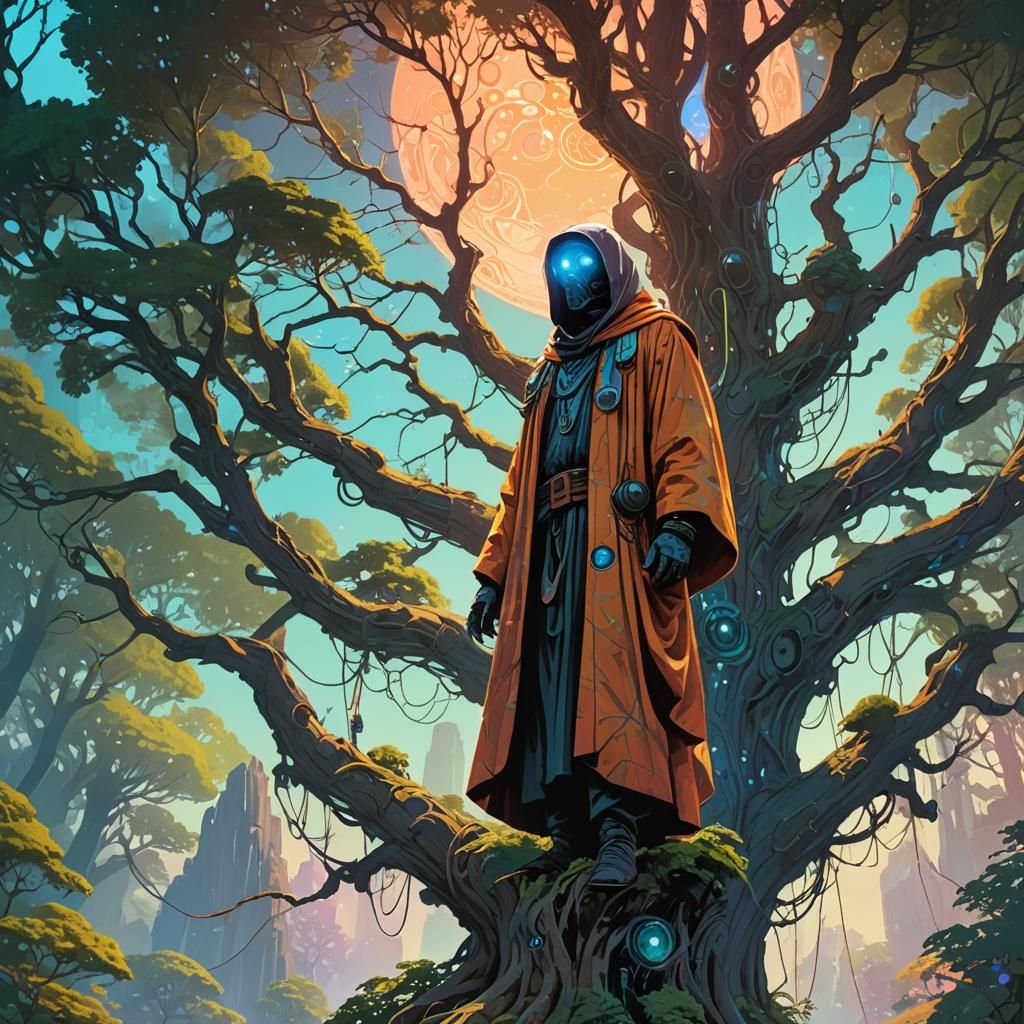 Mystical Figure on Ancient Tree: Fantasy Concept Art