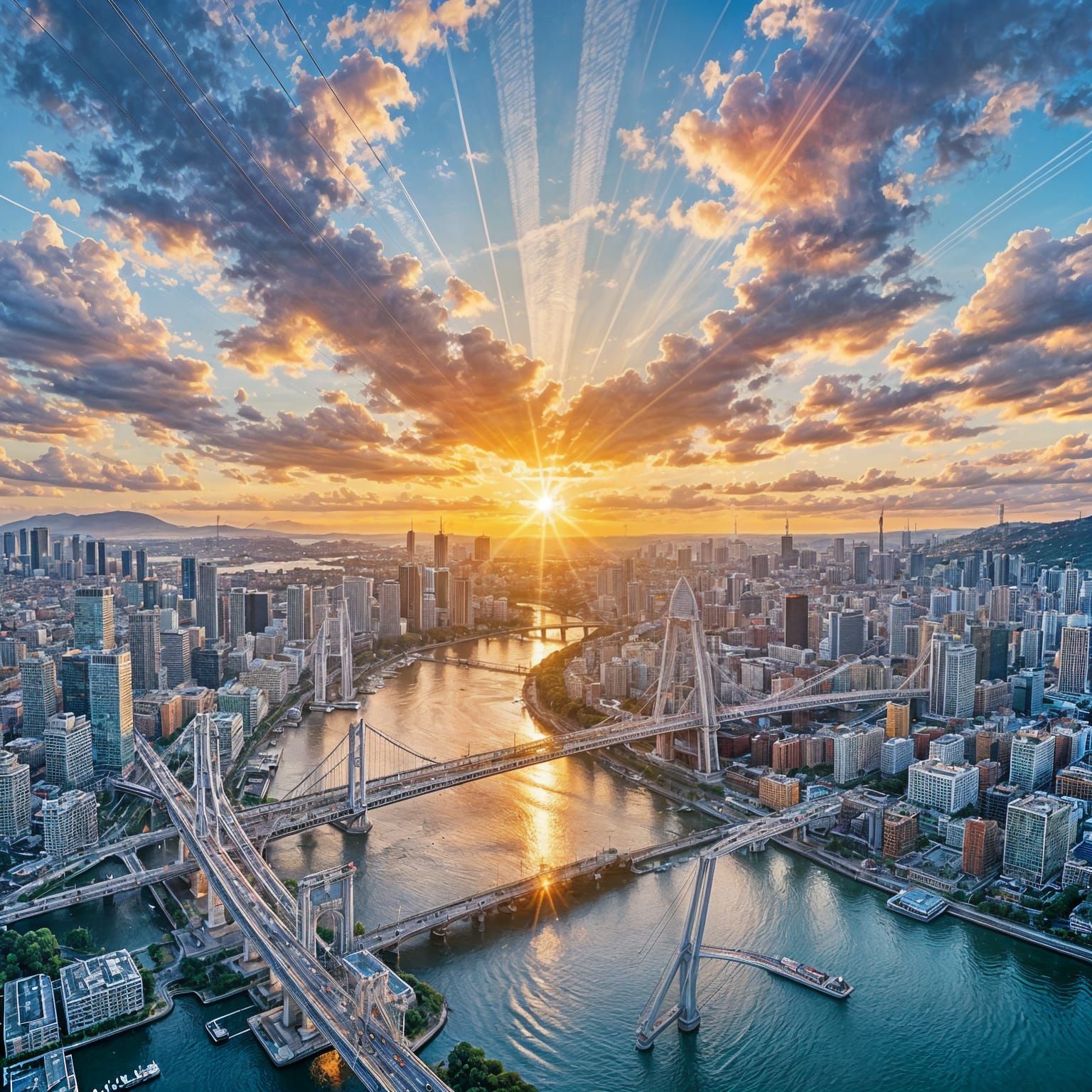 Golden Hour Cityscape with Cable Bridge