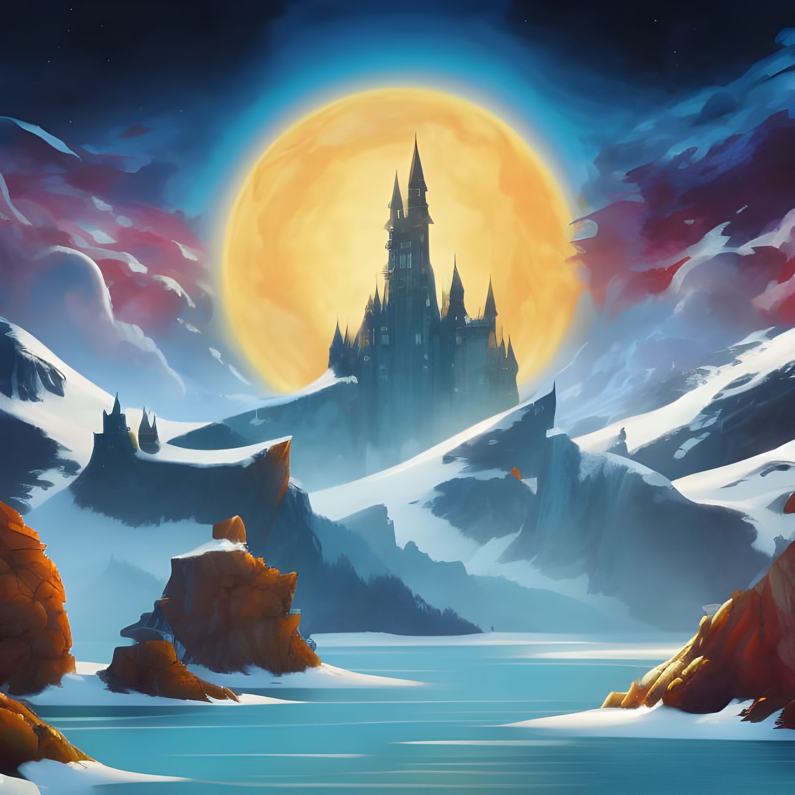 Impenetrable northern castle, snow-covered mountain, full mo...