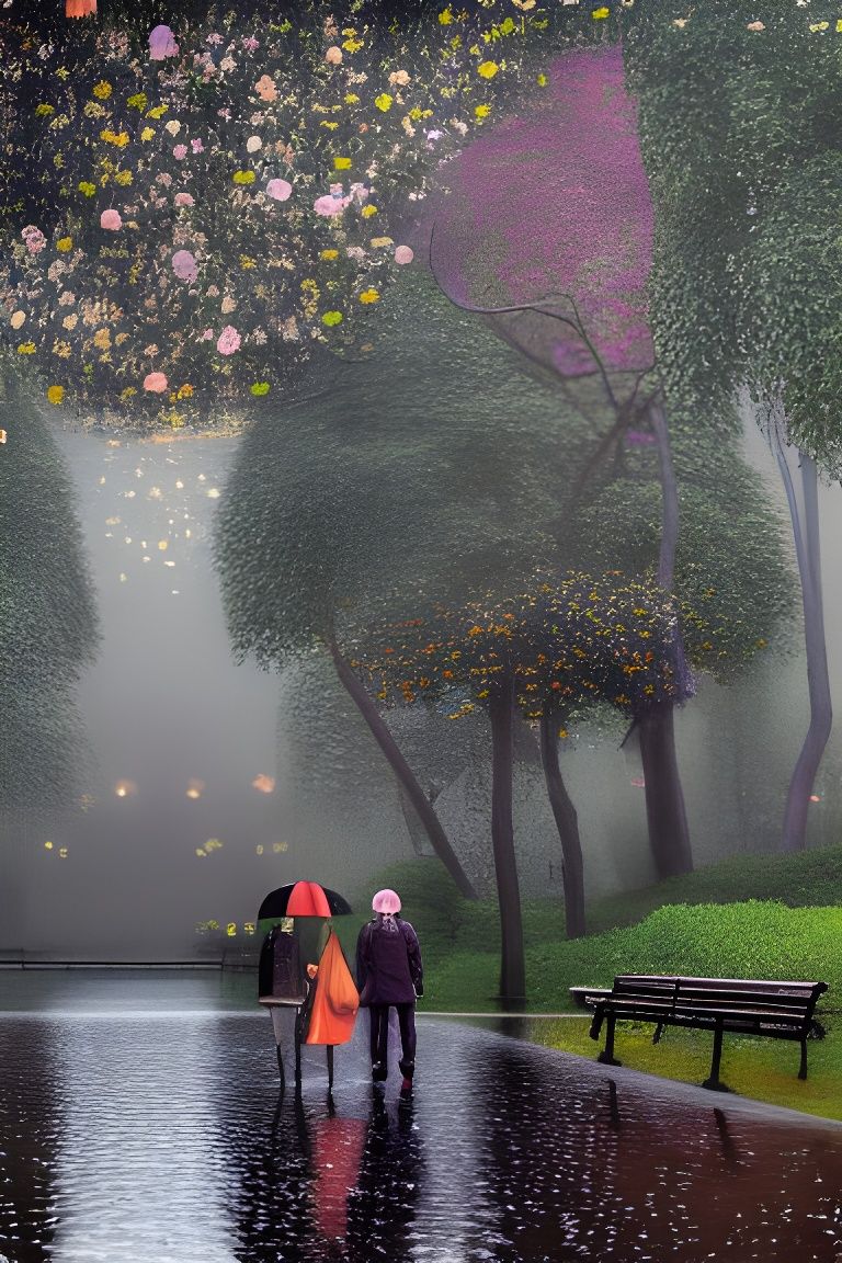 A young lovers walking in Central Park on a rainy day enjoyi...