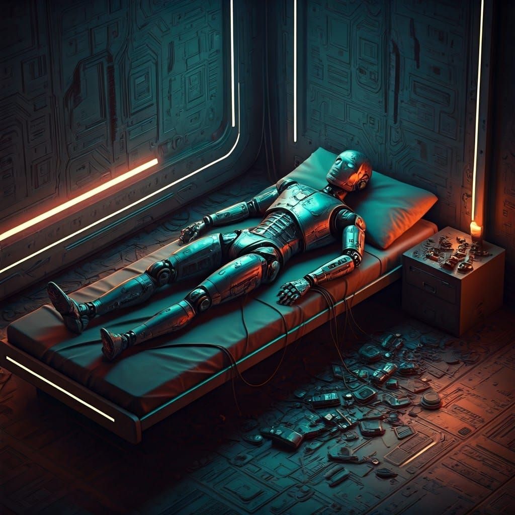 Robot Resting in Futuristic Room: Industrial Futurism
