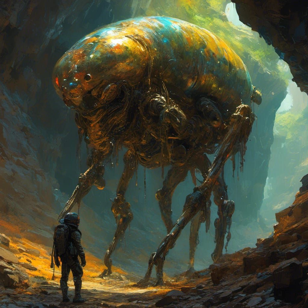 <lora:MJ6 Sci-Fi Aliens:1.0> A full-bodied beautiful alien creature with large eyes and colorful iridescent skin in a cave, in the style of...