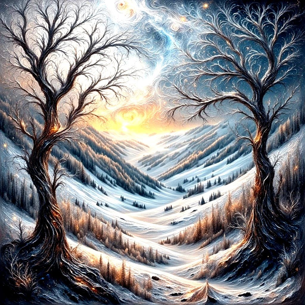 <lora:Swirling Intensity:1.0> Metallic silver shining Watercolor silver winter landscape with trees and a brilliant sky, alcohol ink, swirli...