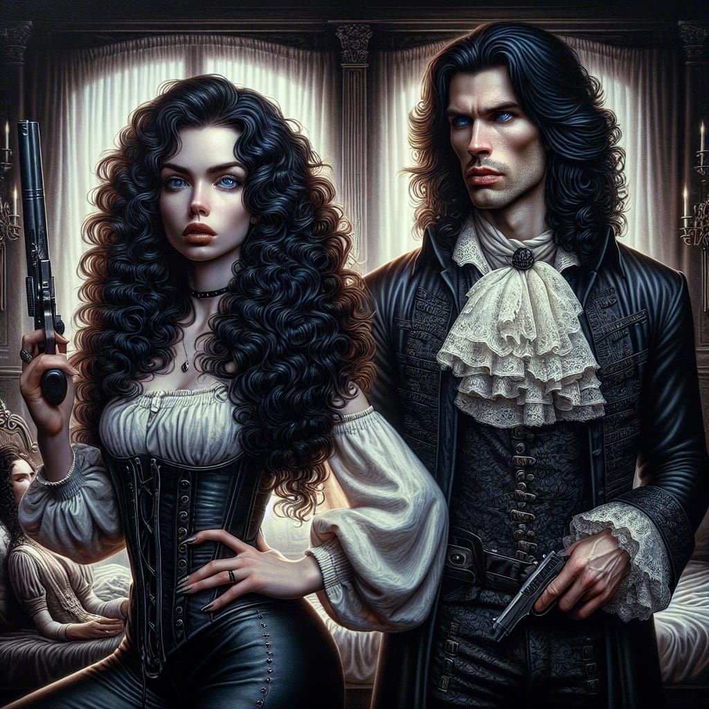 Gothic Bedroom Scene with Determined Woman and Husband