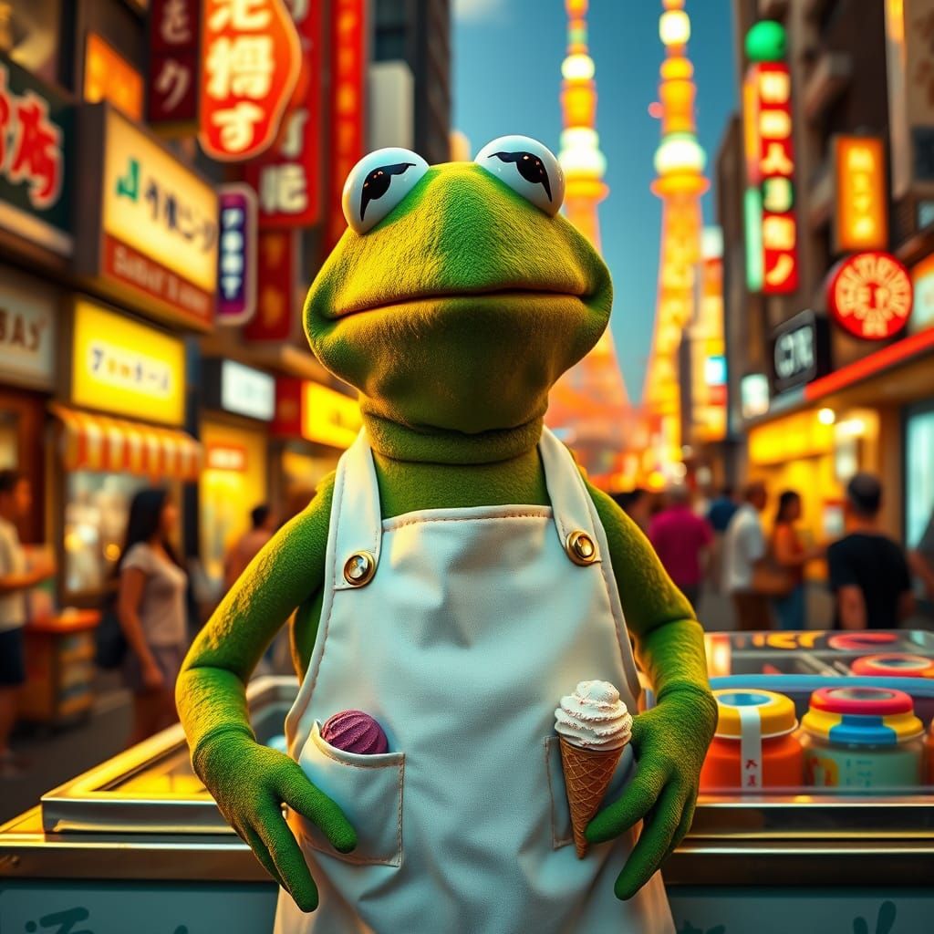 Kermit the Frog working as an icecream vendor, downtown.  by @BulePanda