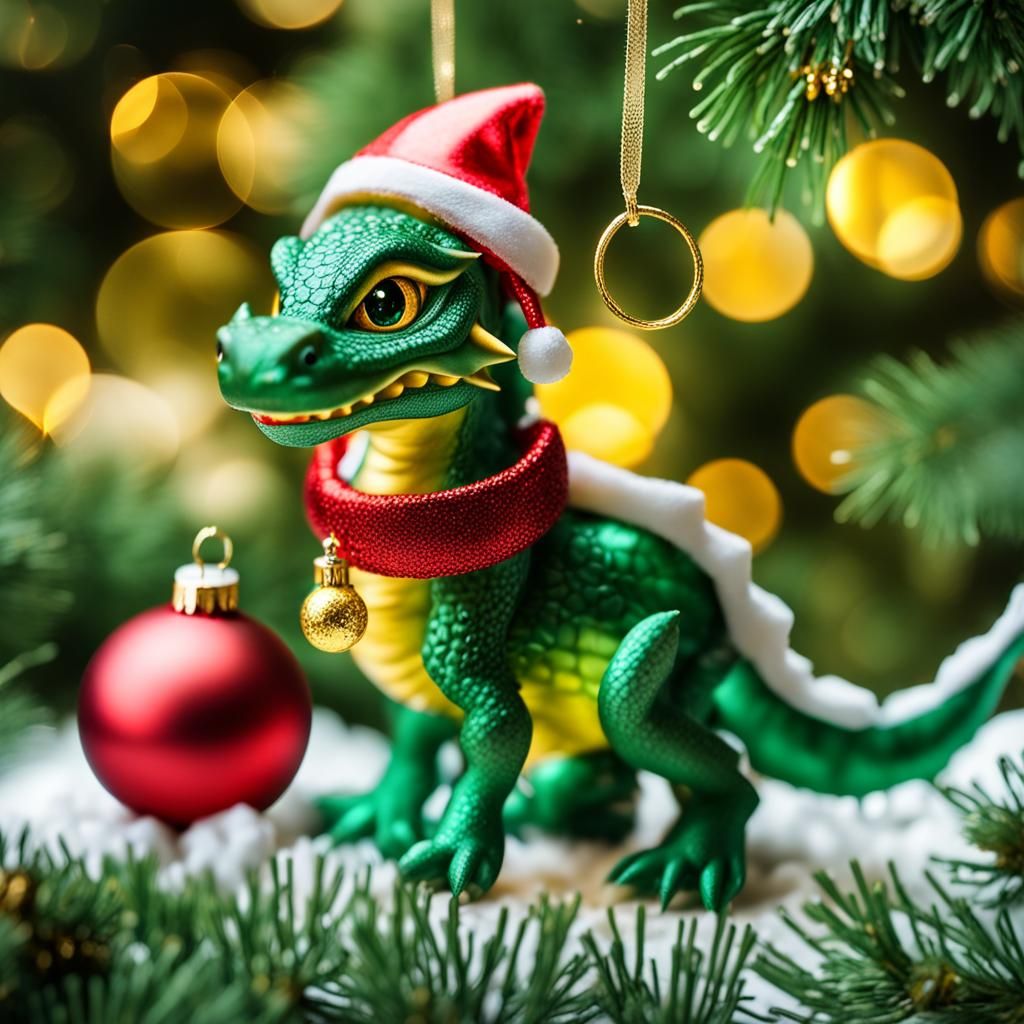 cute green dragon with large yellow eyes  wearing a santa ha...