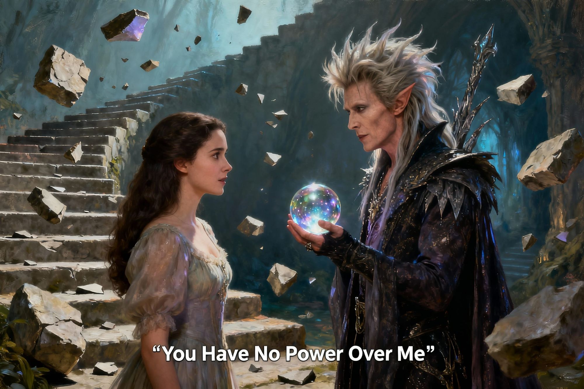 From Labyrinth, Jennifer Connelly Sarah facing David Bowie Jareth the goblin King, Jareth holds put a crystal ball, broken stone staircase p...