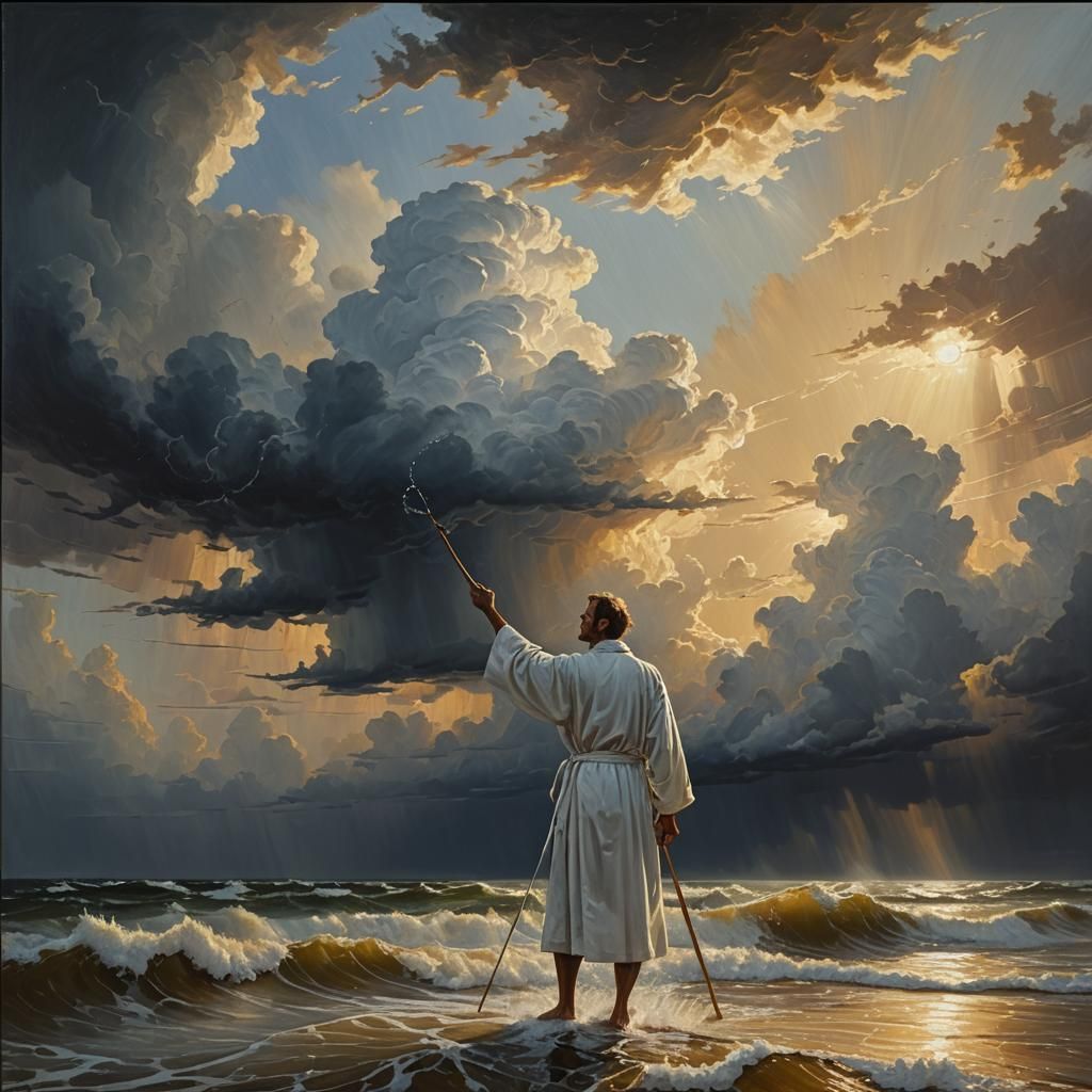 The picture shows a man standing on the water with a staff in his hand. He is wearing a white robe. The water is rough and there are waves c...