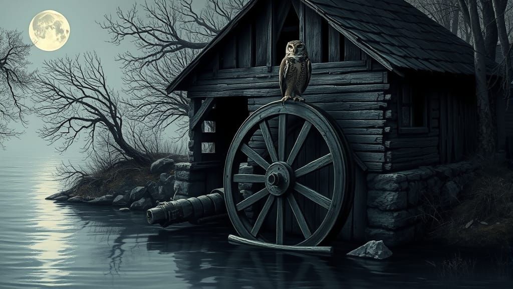 Old abandoned water mill, on the edge of the river an owl is perched on top of the wheel which is half ...  by @Athanasius