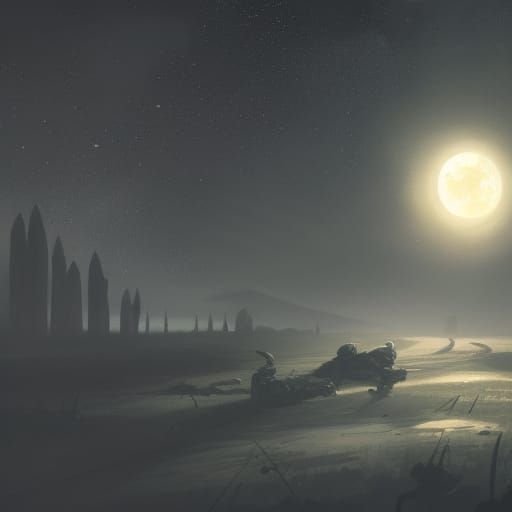a dark stary night with a giant moon and a silhouette of a m...