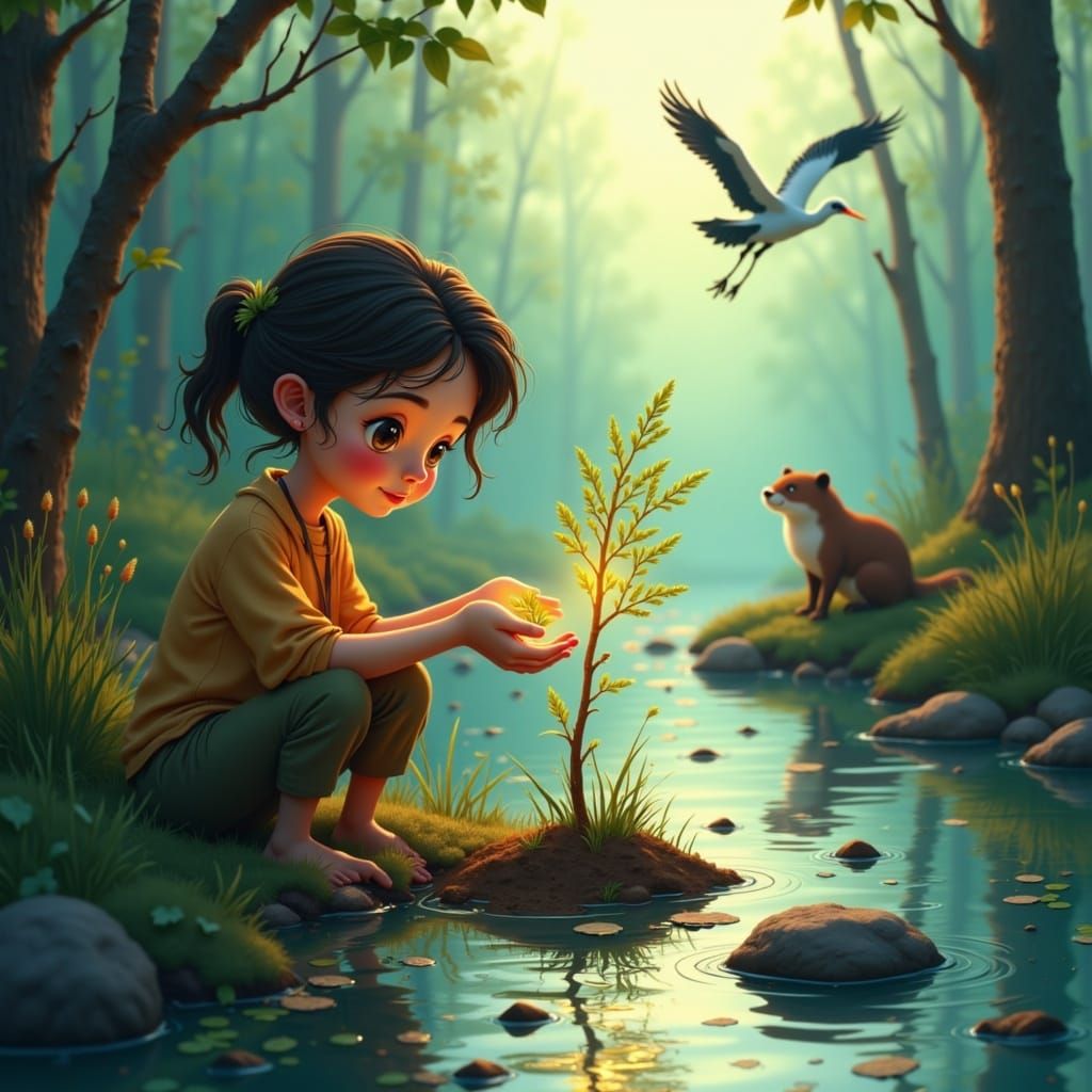 <lora:Gaias Helpers:1.0> The girl knelt by the polluted riverbank, her hands covered in dirt as she planted the glowing sapling pod into the...