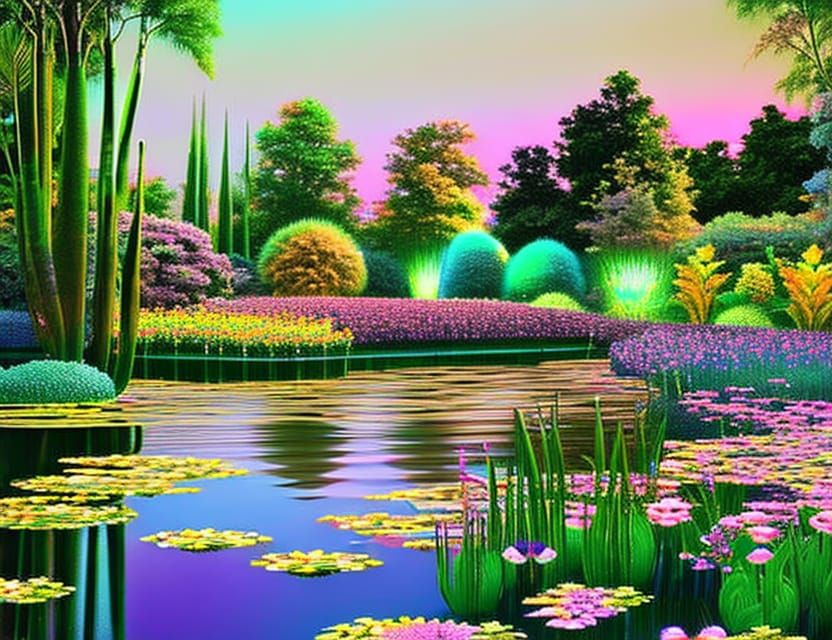 Bioluminescent garden with pond at night, iridescent color gradient  hyperrealism Flickr beautiful detailed 8K 3D iridescent - AI Generated  Artwork - NightCafe Creator