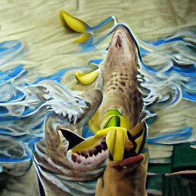 shark eating a banana detailed painting