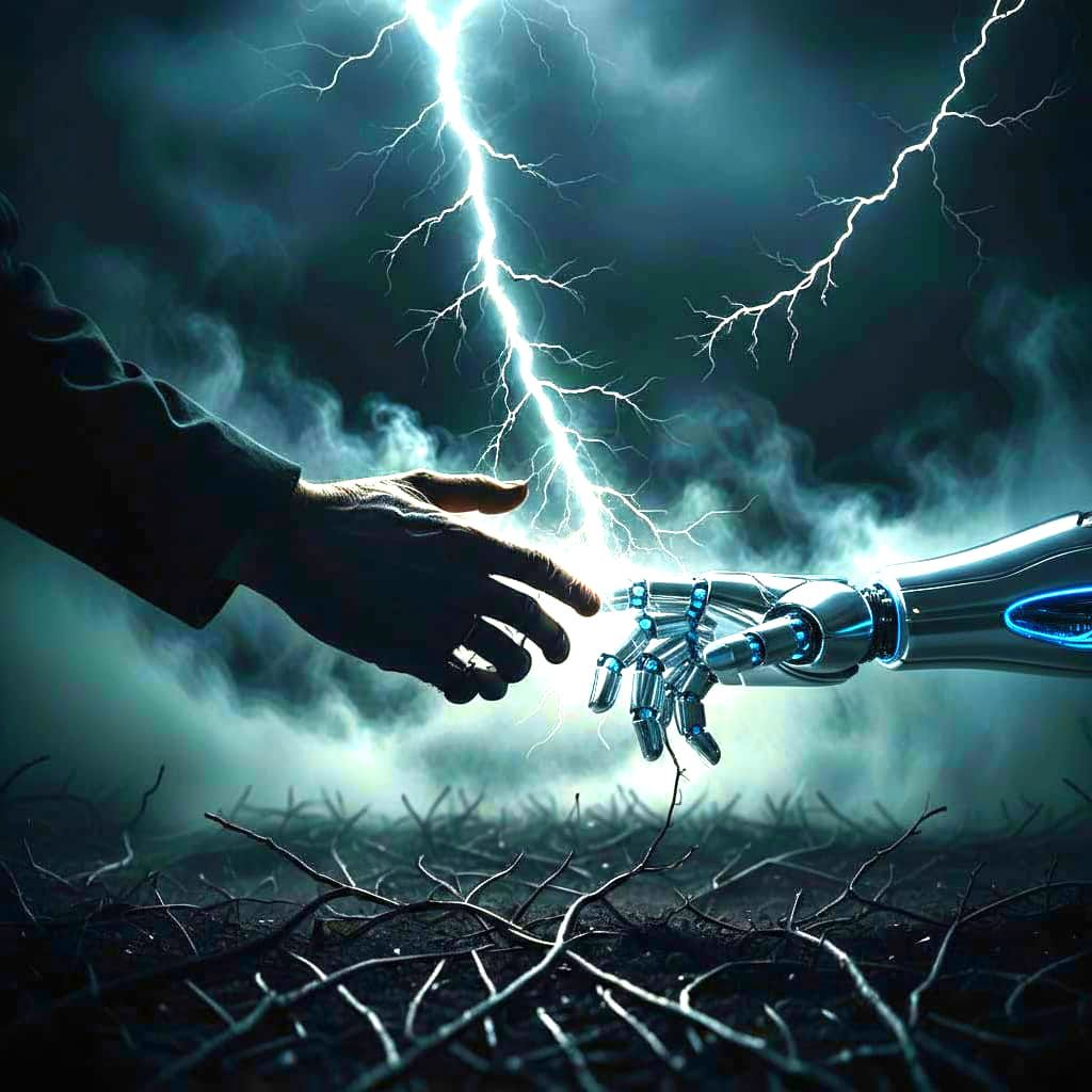 Two hands reaching towards each other but not touching. Add suspense and tension in the spot between the hands. 