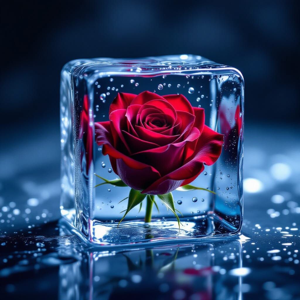 Red Rose Frozen in Ice Macro Photograph