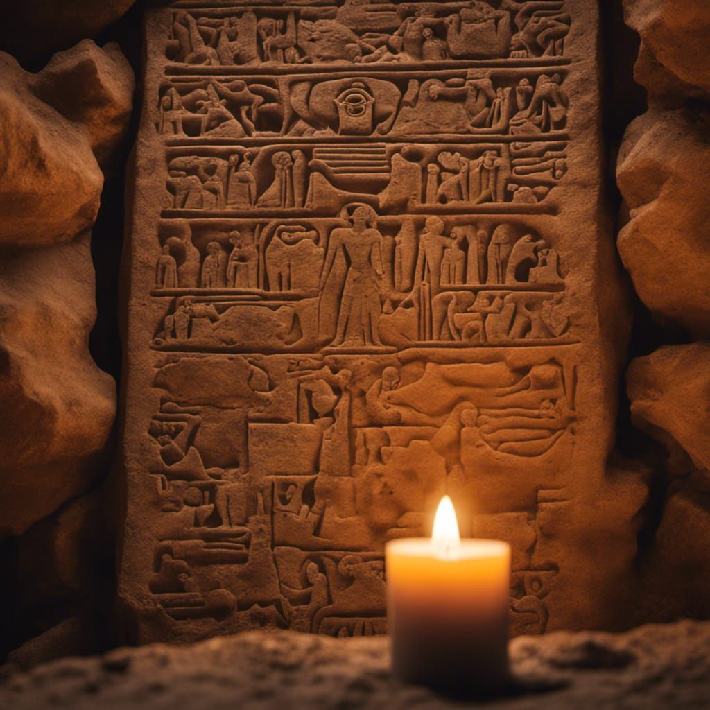 an ancient egyptian symbols on an ancient cave wall,candle l...