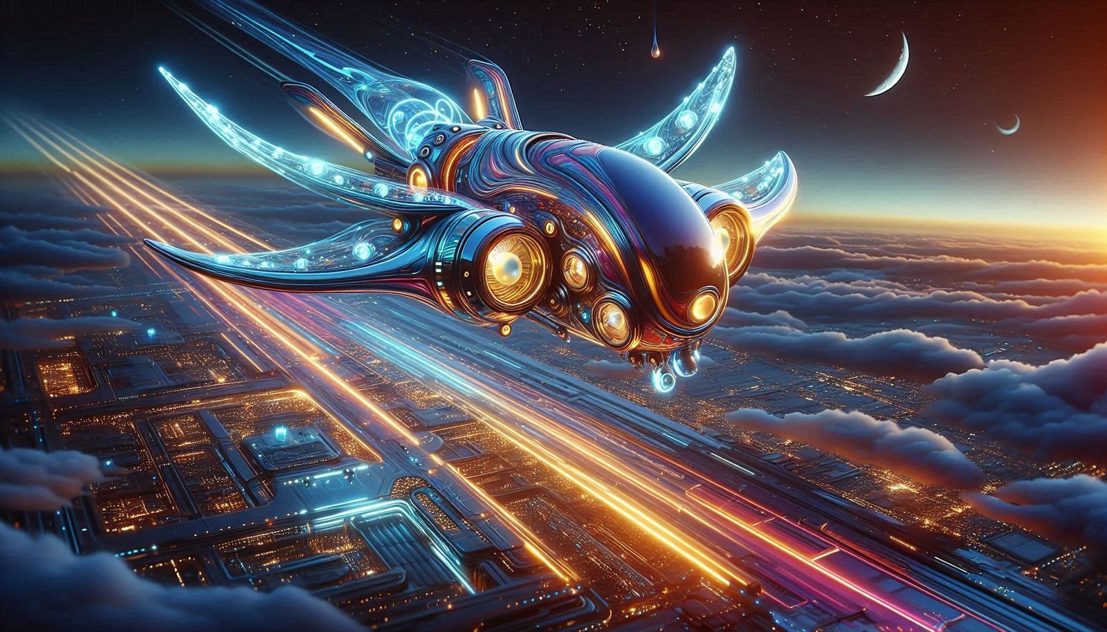 Futuristic airplain traveling from earth to distant planets