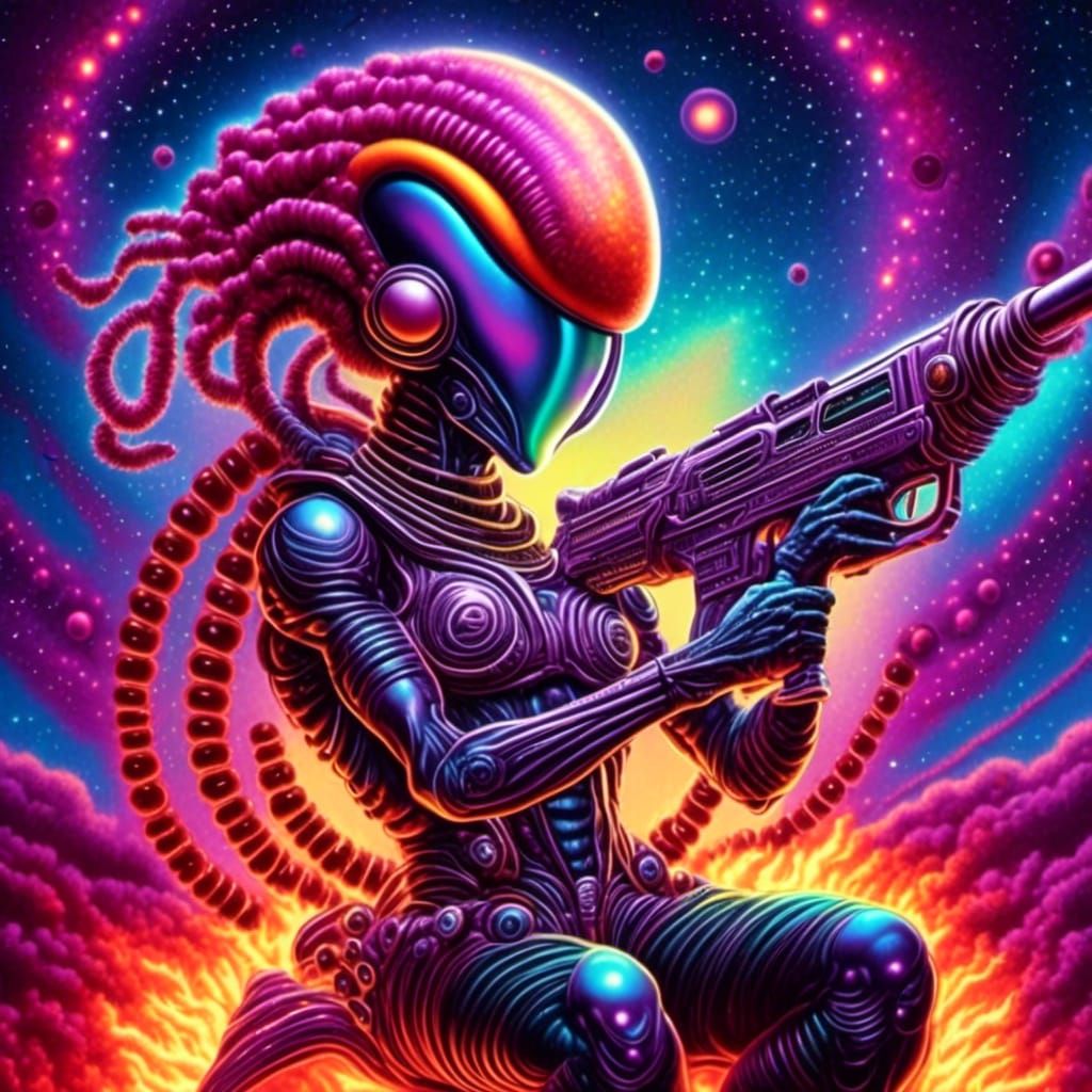 alien with visible musculature, swirled dreadlocks hair, holding laser_gun sitting on a rocket with flames | soft sparkle mist, vibrant cosm...