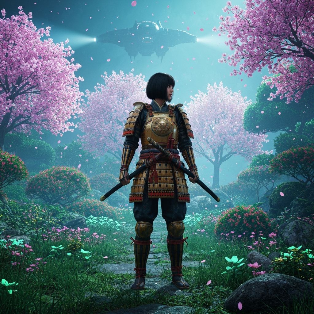 Samurai Warrior in Futuristic Bioluminescent Garden